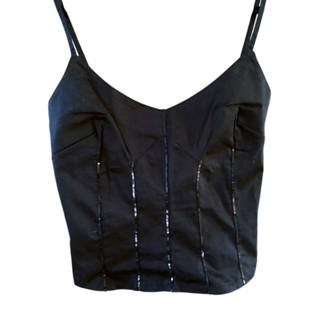 Chiara D'Este Black Satin Corset Crop Top Sequin Lace Back Cami Sequin Trim